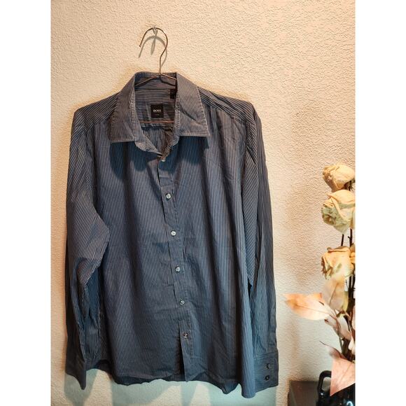 Hugo Boss Fitted Stripe Shirt Mens Large Business Casual Blue Cotton Blend 25 - Picture 1 of 6